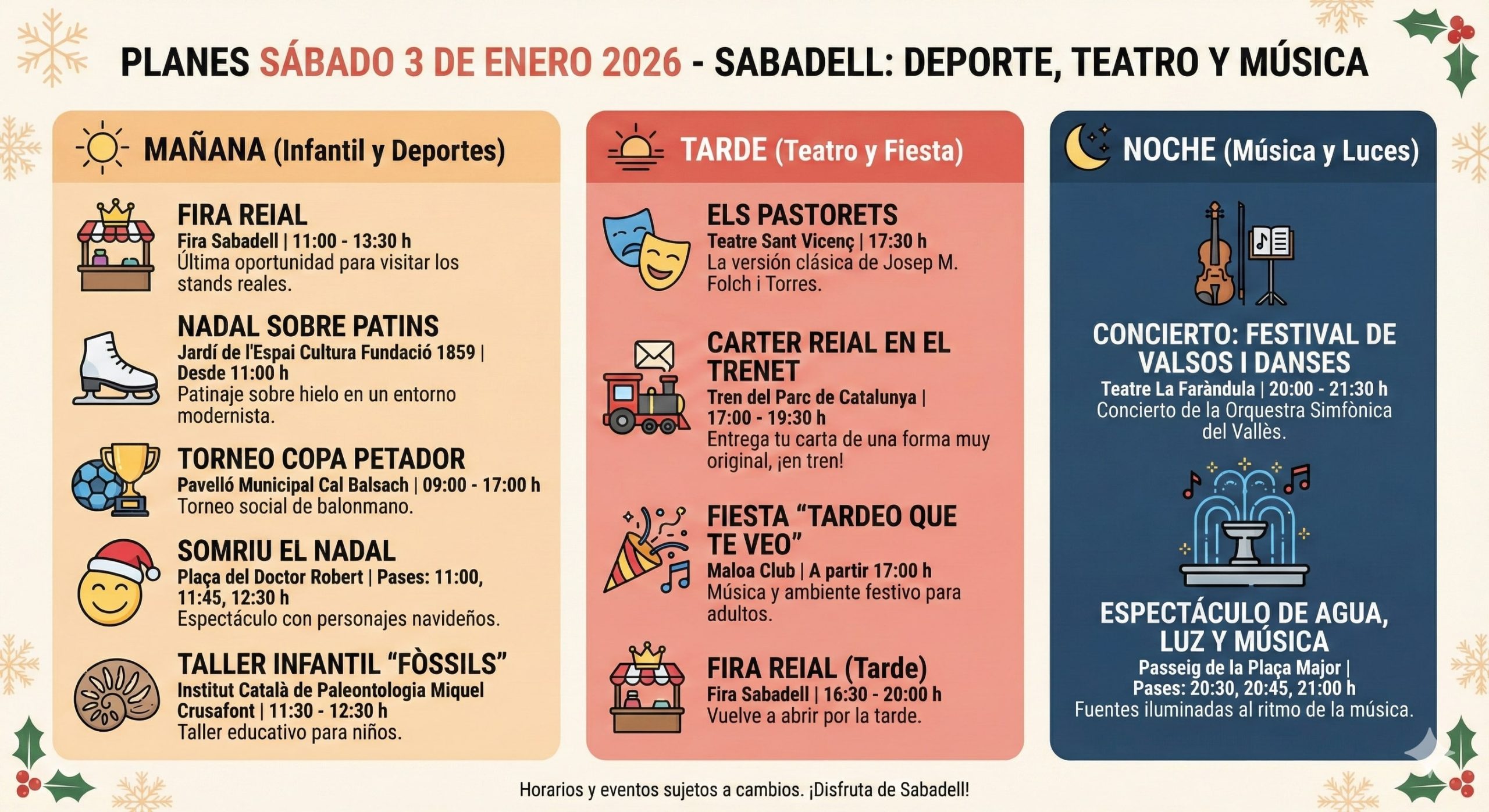 Collage de actividades del sábado 3 de enero en Sabadell: Fira Reial, representación de Els Pastorets, Trenet del Parc de Catalunya y concierto de valses en La Faràndula