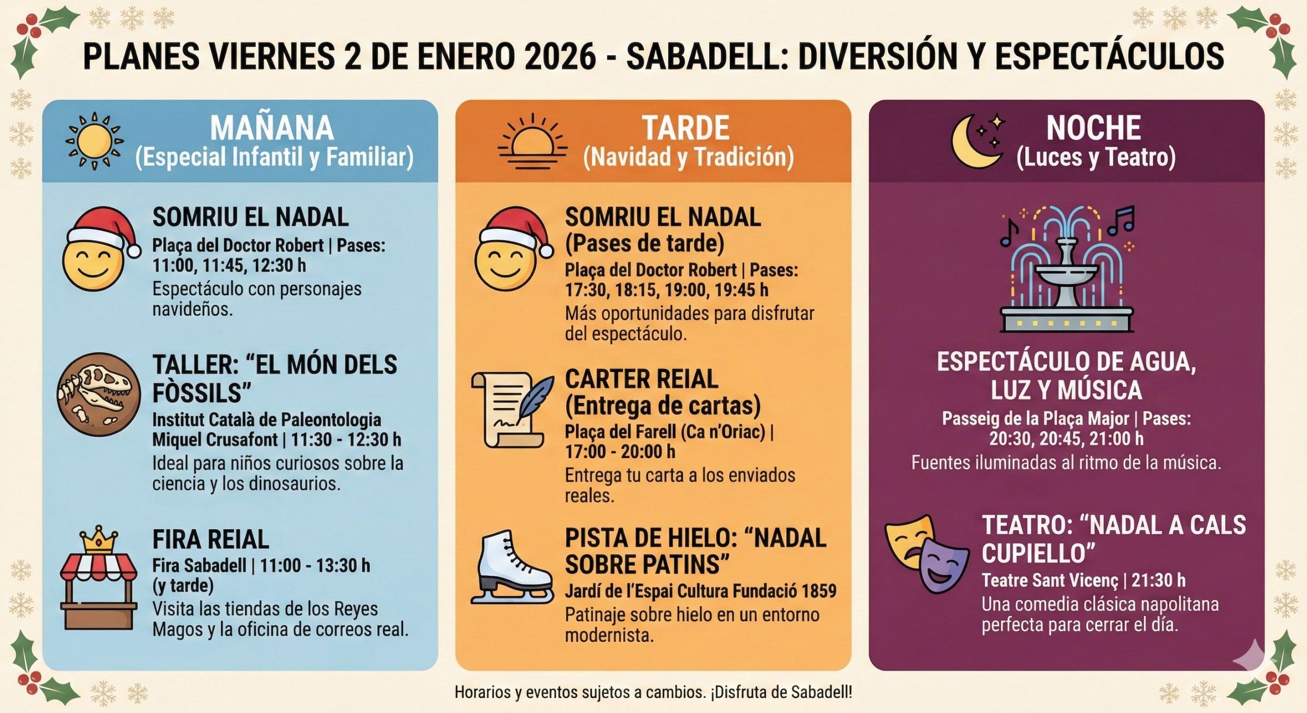 Collage de actividades del viernes 2 de enero en Sabadell: Somriu el Nadal en Plaça Doctor Robert, Fira Reial y espectáculo nocturno de luces en Plaça Major